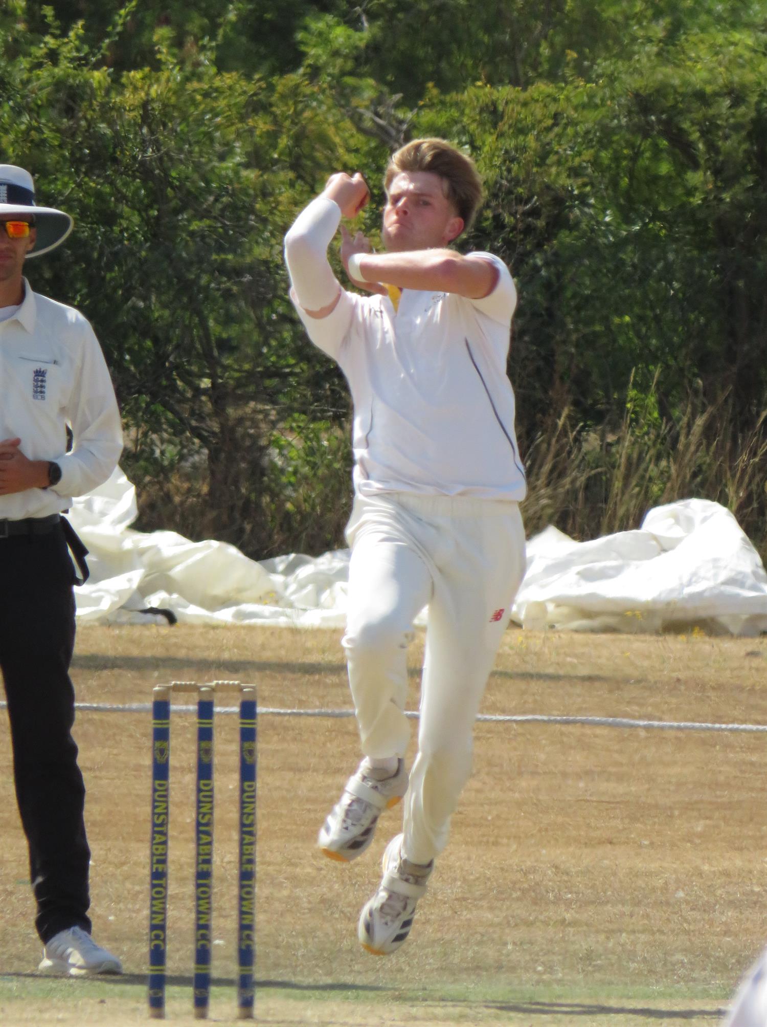 Bedfordshire v Lincolnshire, NCCA Cluberly Eastern Div 2 match, held at Dunstable Town Cricket Club on 02/08/2026 .
Tom Currie bowling for Lincolnshire C.C.C. 12.1 overs, 4 maidens, 2 wickets for 38 runs.