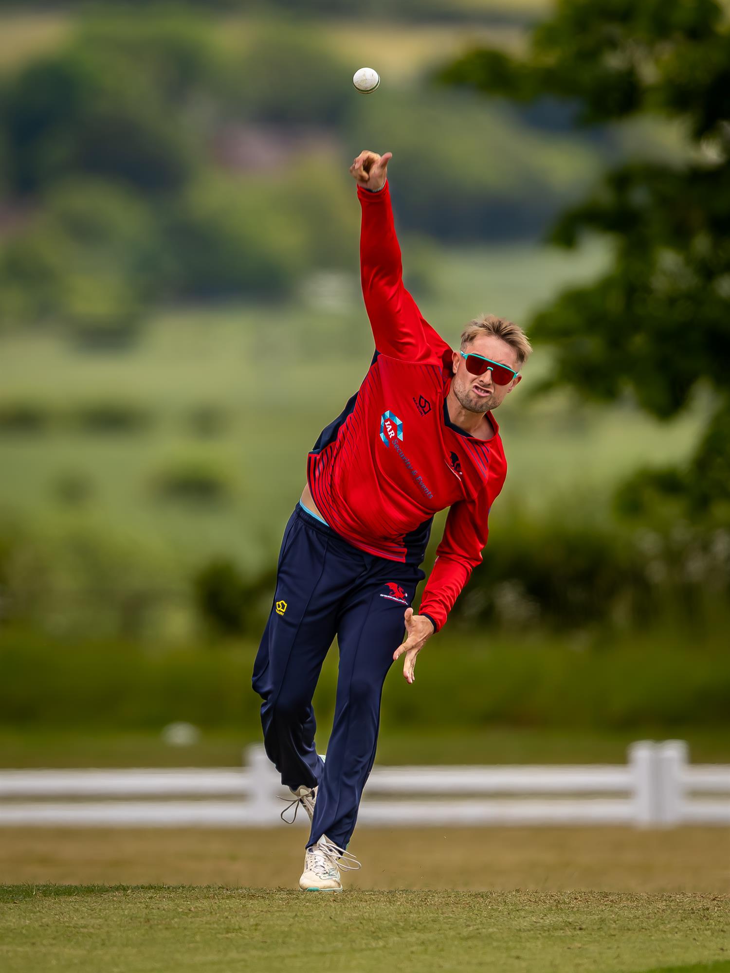 Wales NC's Cam Hemp bowling in the first of two NCCA Dojo T20 matches against Oxfordshire at Challow & Childrey Cricket Club on May 31st, 2026.