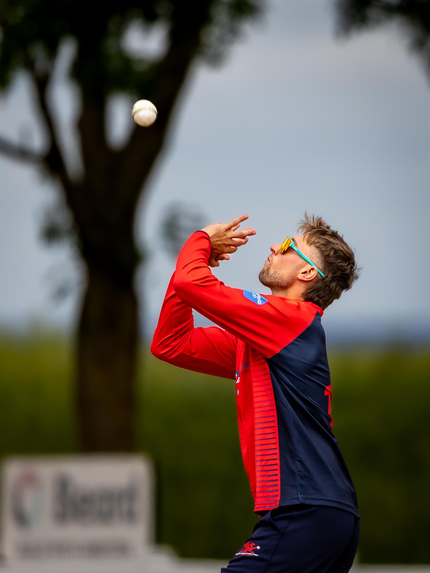 Wales NC's Cam Hemp taking the catch which dismissed Oxfordshire's Luke Hayes in the first of two NCCA Dojo T20 matches at Challow & Childrey Cricket Club on May 31st, 2026.
