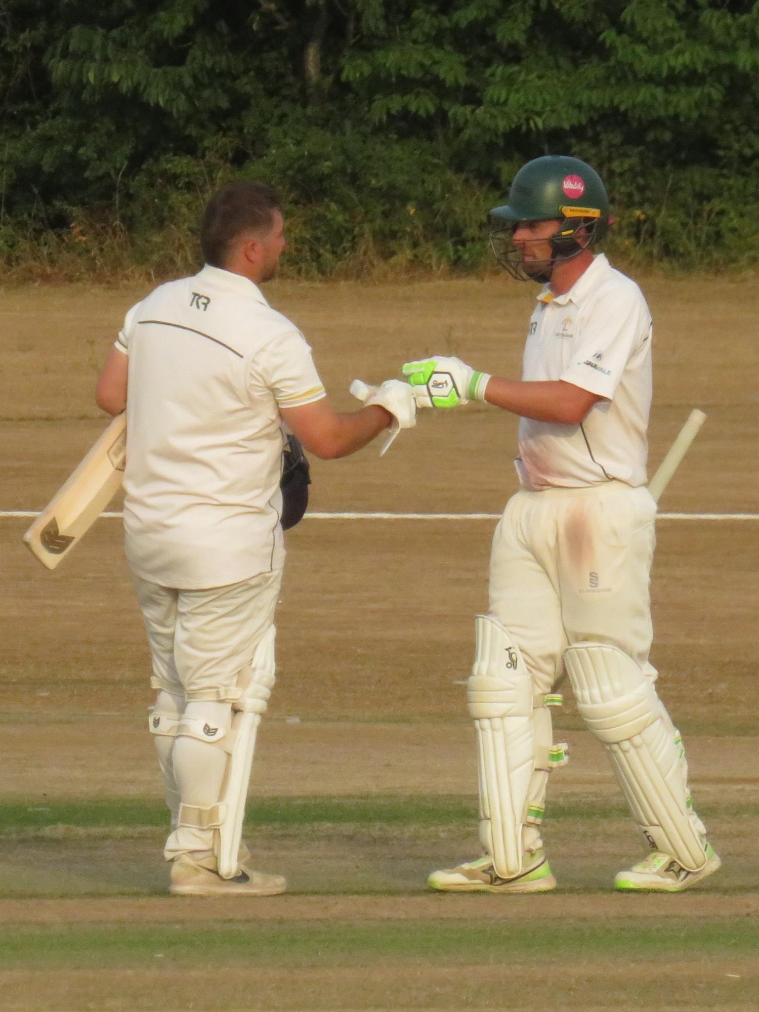 Bedfordshire v Lincolnshire, NCCA Cluberly Eastern Div 2 match, held at Dunstable Town Cricket Club on 02/08/2026 .
Another fifty for Sam Evans (right), congratulated by Nic Keast (left).