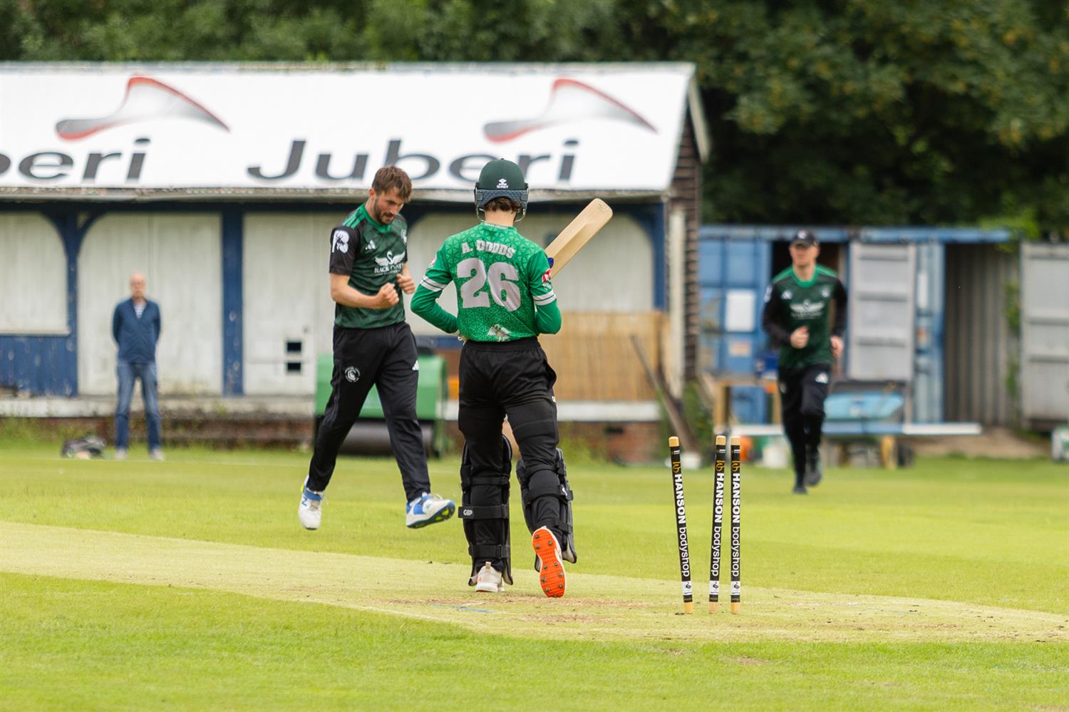 Toby Greatwood celebrates taking the wicket of Archie Dodds. Buckinghamshire v Berkshire, NCCA Trophy match, held at High Wycombe Cricket Club on 07/06/2026 .