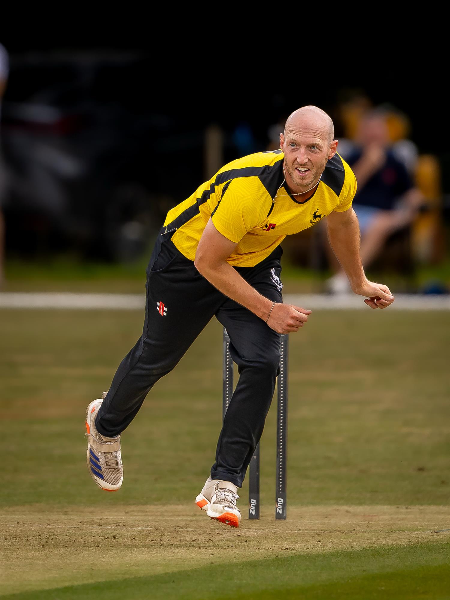 Sam Davis bowling for Hertfordshire in the first of two NCCA Dojo T20 matches against Suffolk at Mellis Cricket Club on July 5th, 2026.