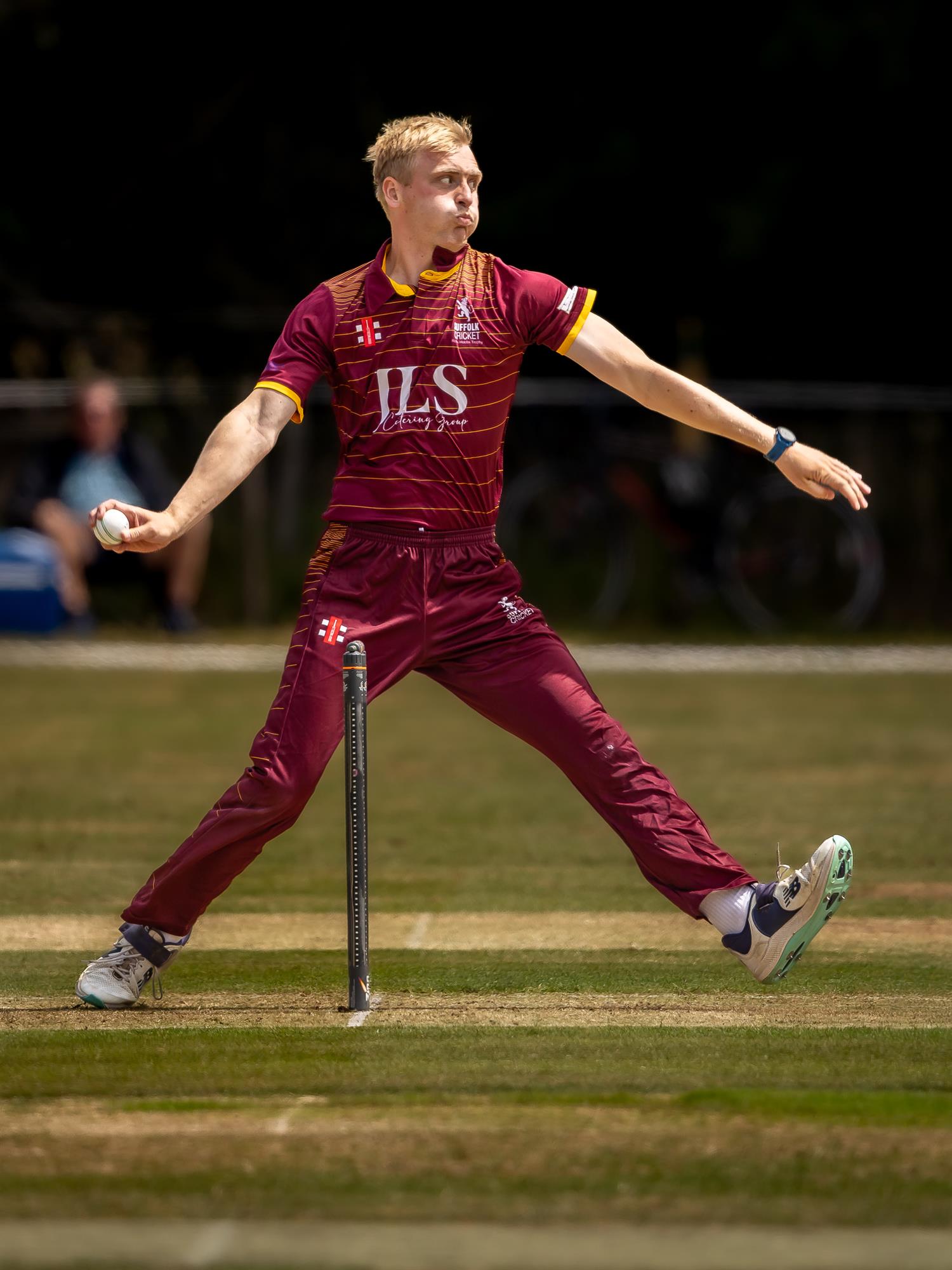 Daniel Shanks bowling for Suffolk in the first of two NCCA Dojo T20 matches against Hertfordshire at Mellis Cricket Club on July 5th, 2026. 