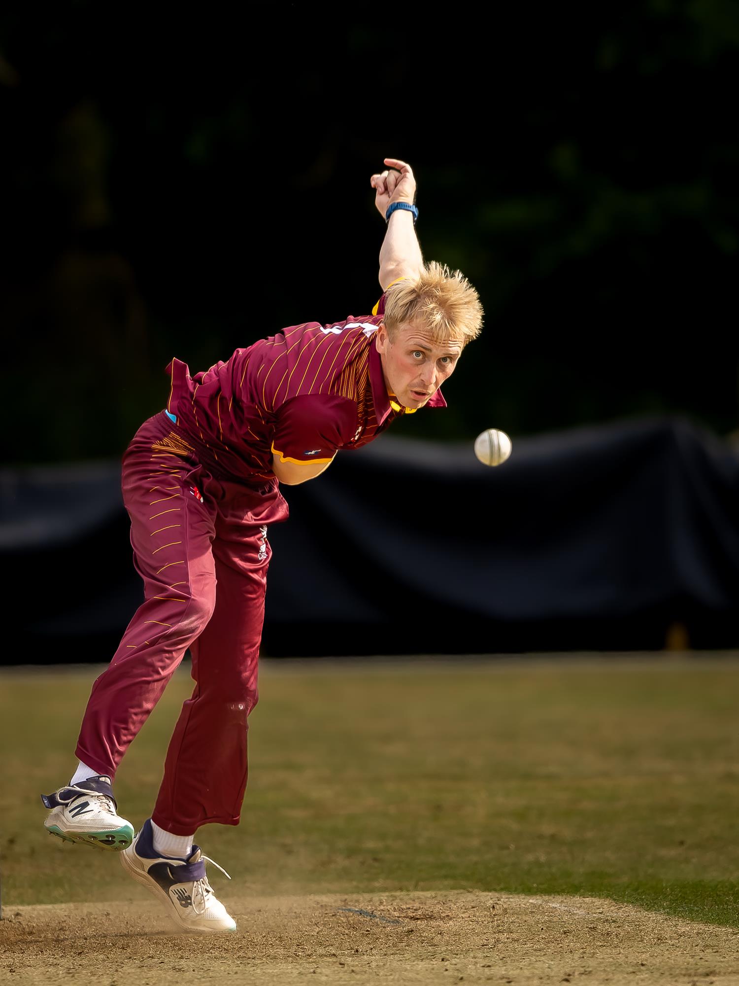 Daniel Shanks bowling for Suffolk in the second of two NCCA Dojo T20 matches against Hertfordshire at Mellis Cricket Club on July 5th, 2026.