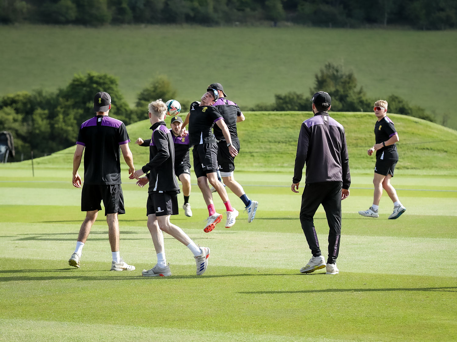 The Cheshire squad warming up for the NCCA Trophy Final against Norfolk at Wormsley Cricket Ground on August 25th, 2024.