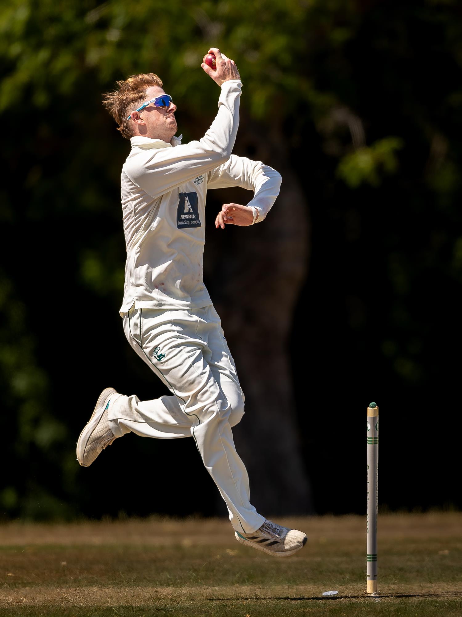 Euan Woods bowling for Berkshire on the first day of the NCCA Cluberly Championship match against Oxfordshire held at Falkland Cricket Club from July 12th–14th, 2026.