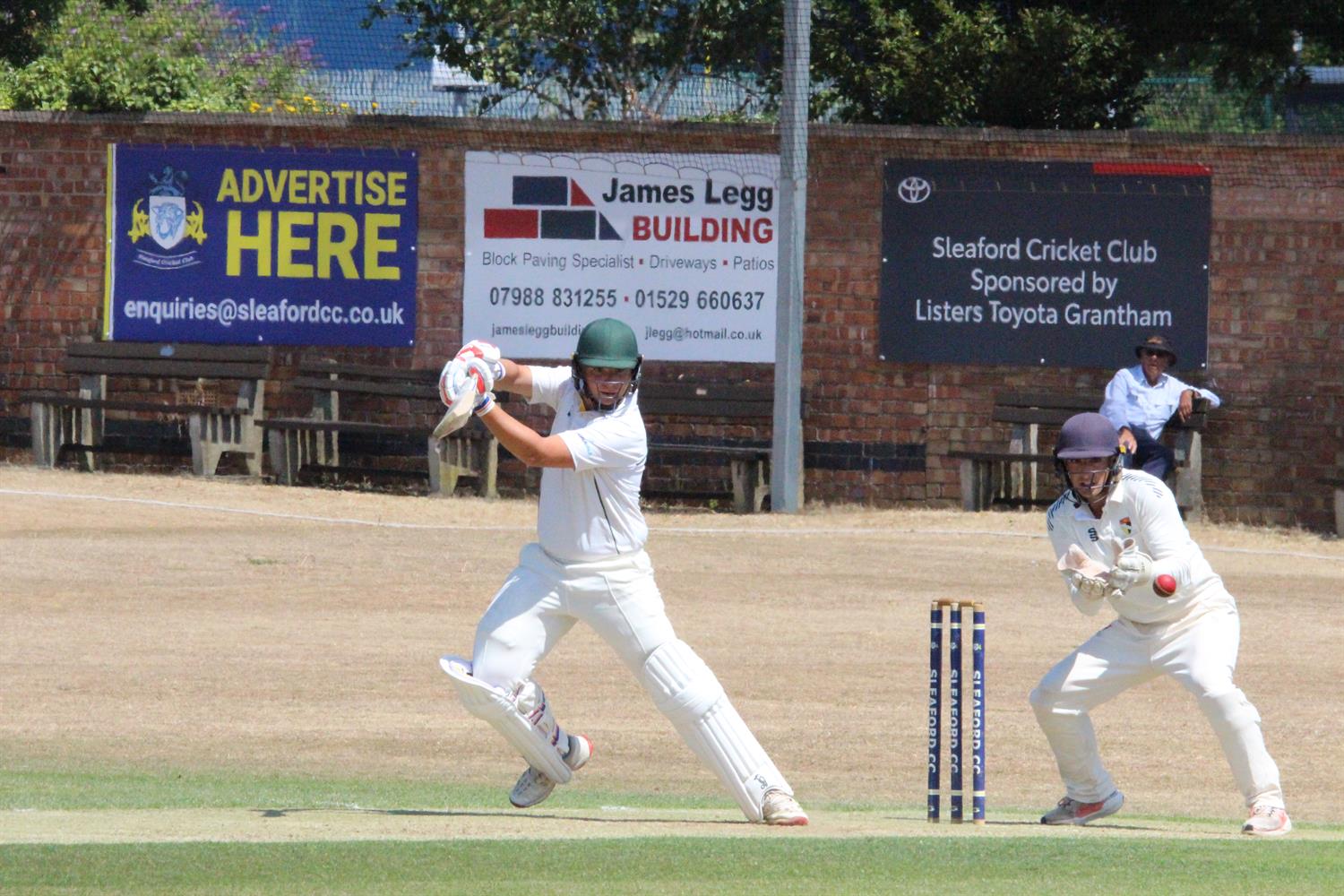 Lincolnshire v Norfolk, NCCA Cluberly Eastern Div 2 match, held at SLEAFORD C C  on 12/07/2026 .
James Laud (batting) plays off the back foot.
