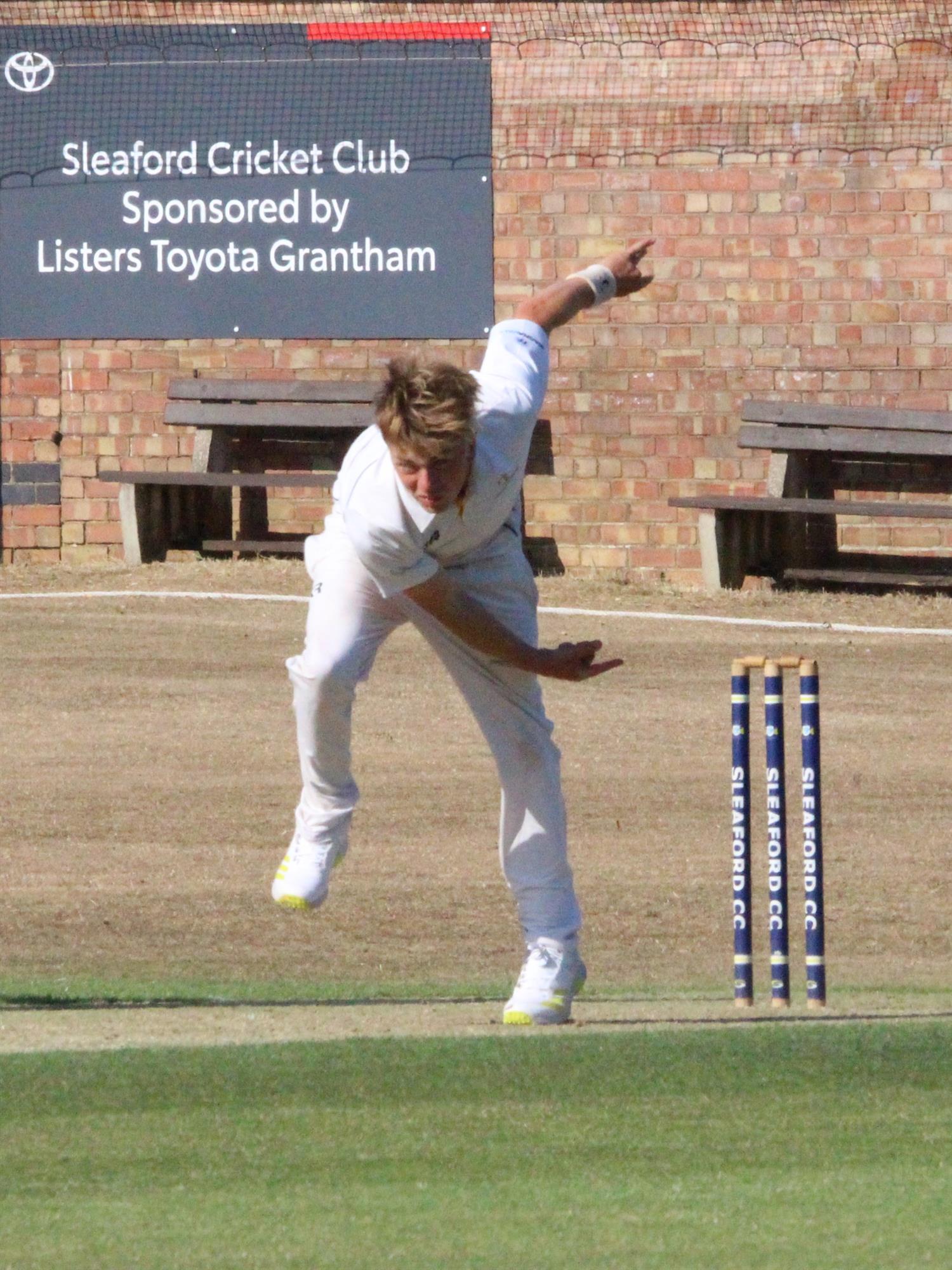 Lincolnshire v Norfolk, NCCA Cluberly Eastern Div 2 match, held at SLEAFORD C C  on 12/07/2026 .
Matty Mills bowling for Lincolnshire C.C.C.