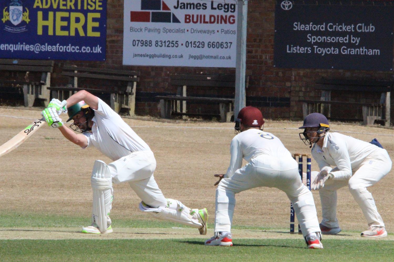 Lincolnshire v Norfolk, NCCA Cluberly Eastern Div 2 match, held at SLEAFORD C C  on 12/07/2026 .
Sam Evans of Lincolnshire C.C.C. straight drives.
