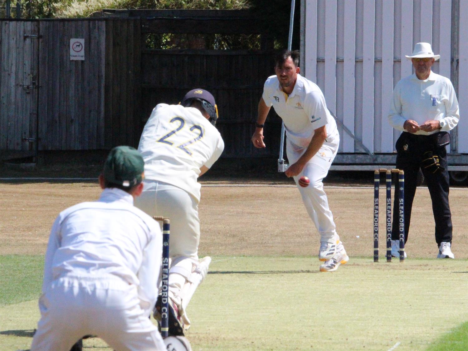 Lincolnshire v Norfolk, NCCA Cluberly Eastern Div 2 match, held at SLEAFORD C C  on 12/07/2026 .
Mark Footitt bowling left arm thunderbolts for Lincolnshire C.C.C.