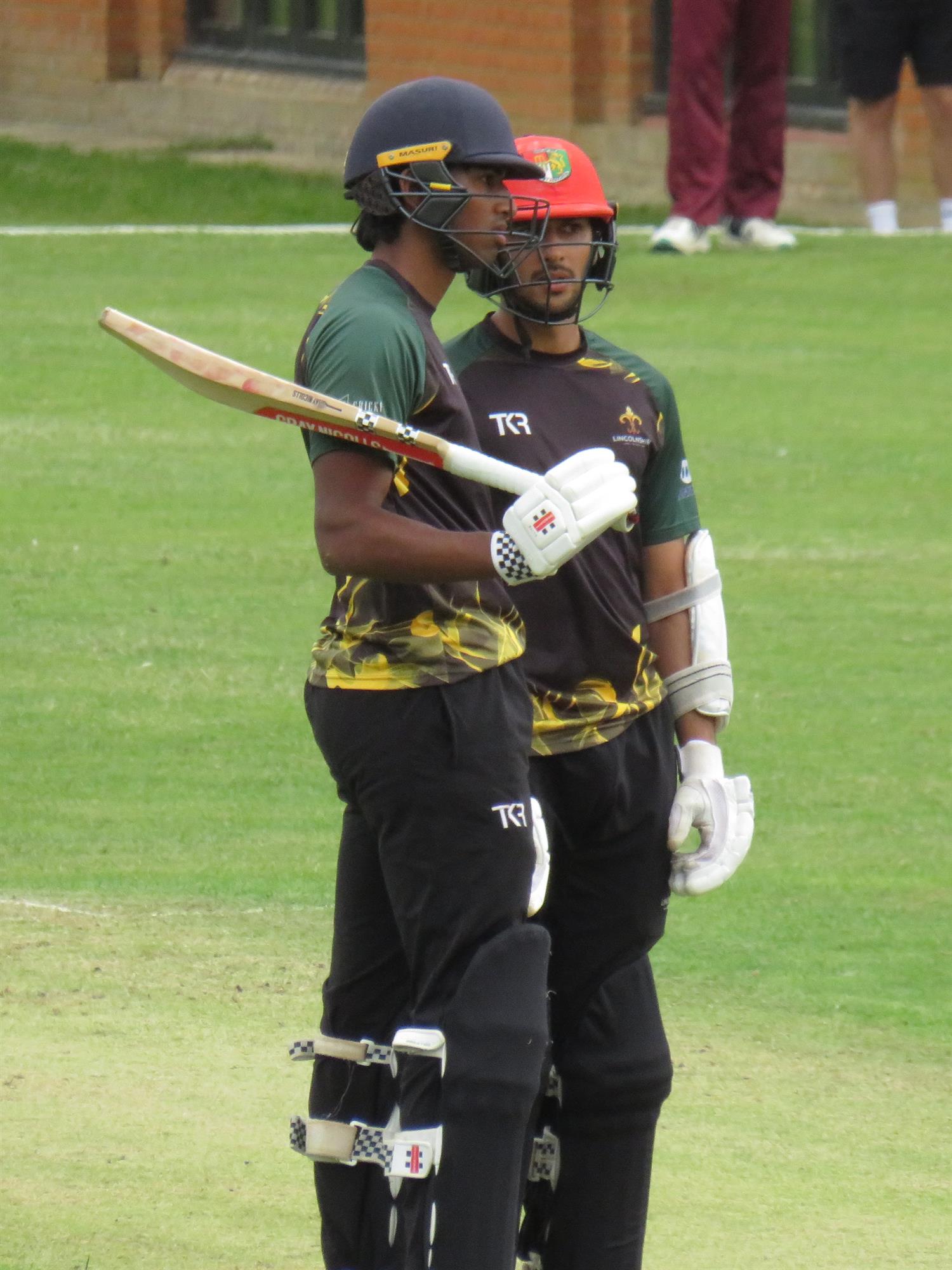 Suffolk v Lincolnshire, NCCA T20 Group 2 match, held at Friars Road, Hadleigh on 14/06/2026 .
Pranav Pothula (left) , top scoring with 56 for Lincolnshire and Amartya Kaul (right), 22runs discuss tactics.