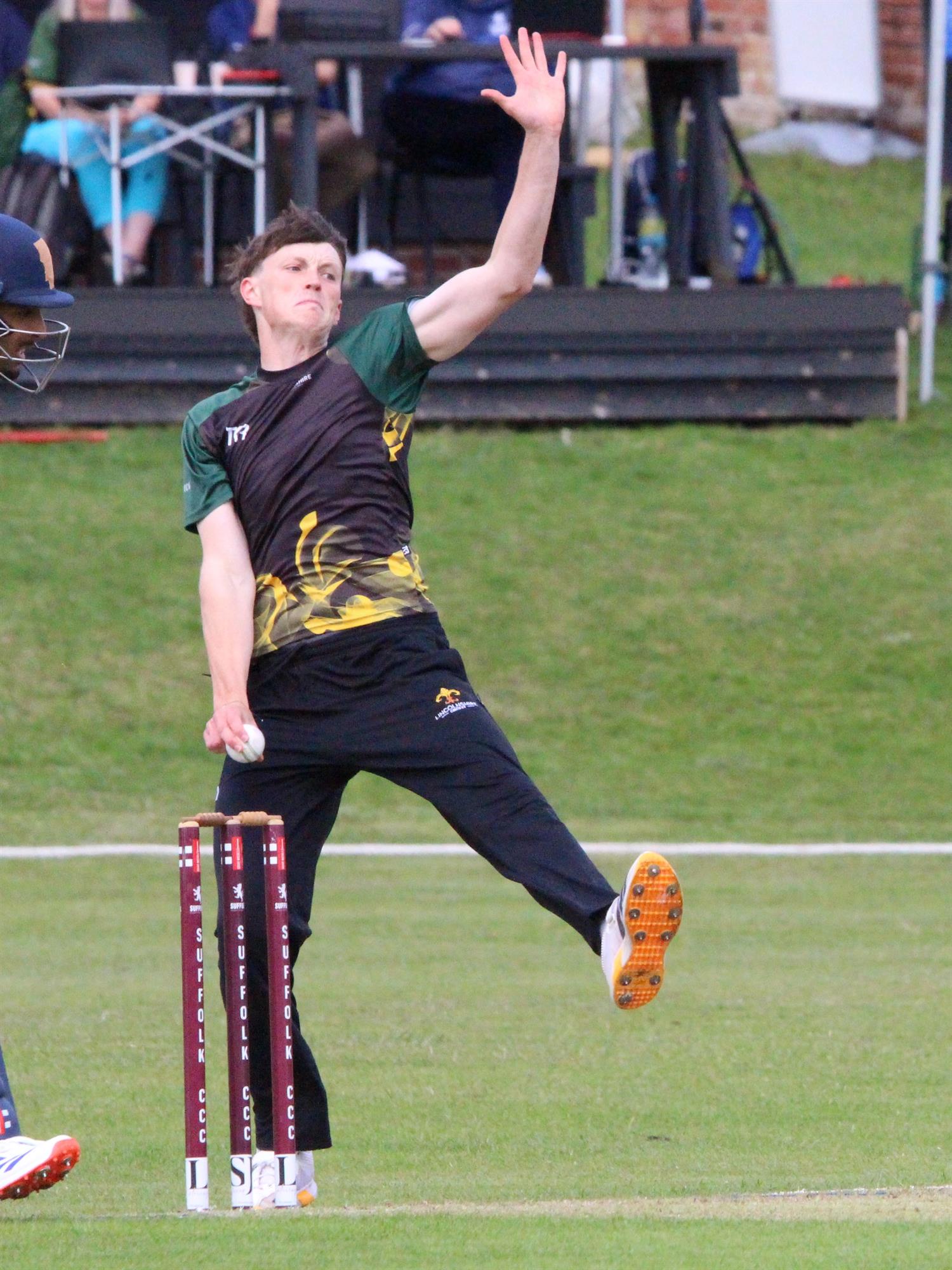Suffolk v Lincolnshire, NCCA T20 Group 2 match, held at Friars Road, Hadleigh on 14/06/2026 .
Tom Shephard bowling for Lincolnshire, 2 wickets for 41 runs.