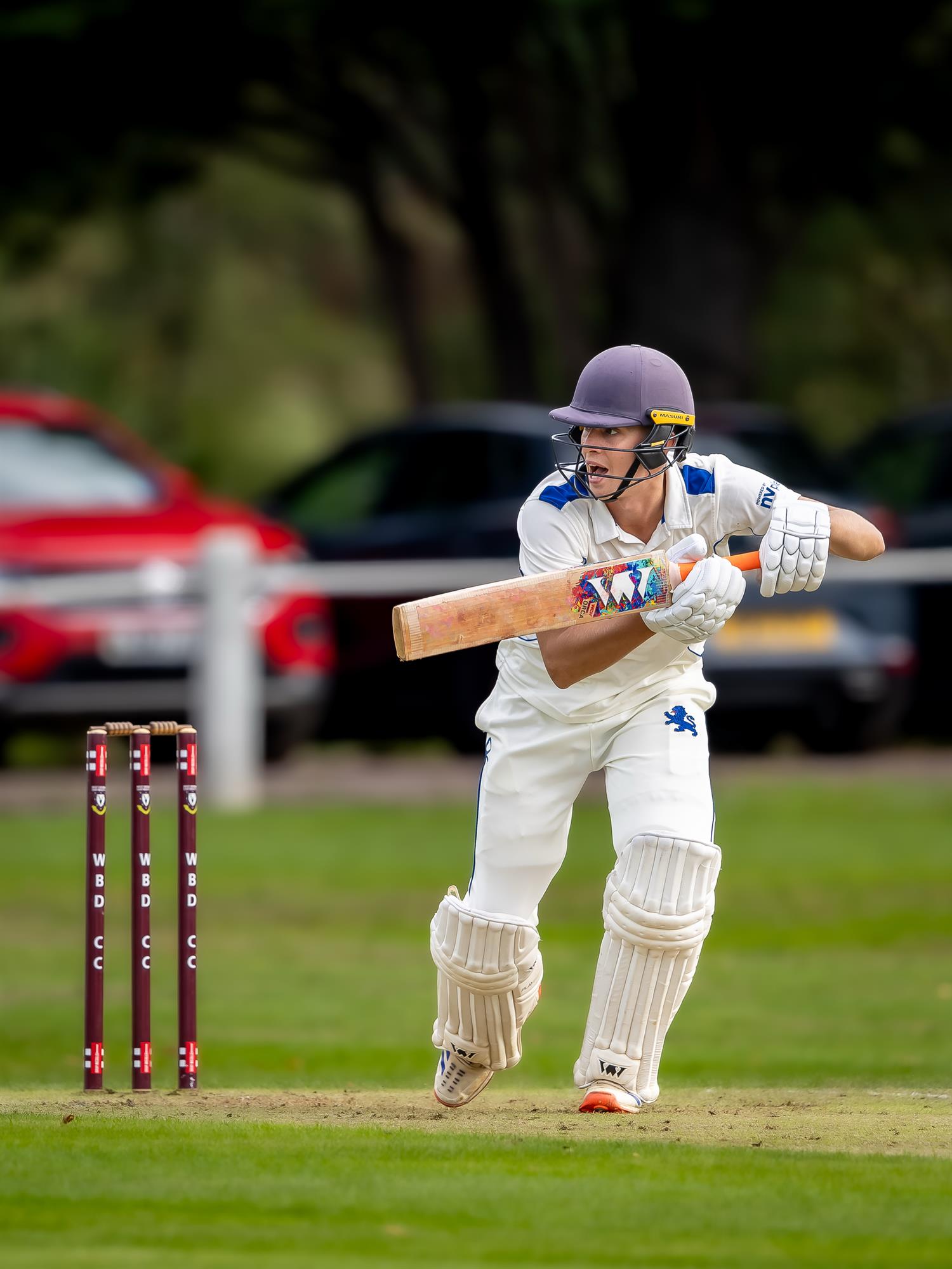 Devon's Sam Elstone calling for a quick single on the first day of the NCCA Cluberly Championship Final against Buckinghamshire held at West Bromwich Dartmouth Cricket Club from September 6th–9th, 2026.