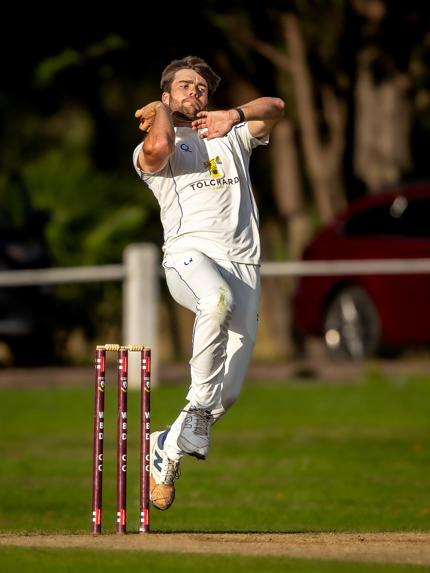 James Matravers bowling for Devon on the third day of the NCCA Cluberly Championship Final against Buckinghamshire held at West Bromwich Dartmouth Cricket Club from September 6th–9th, 2026.