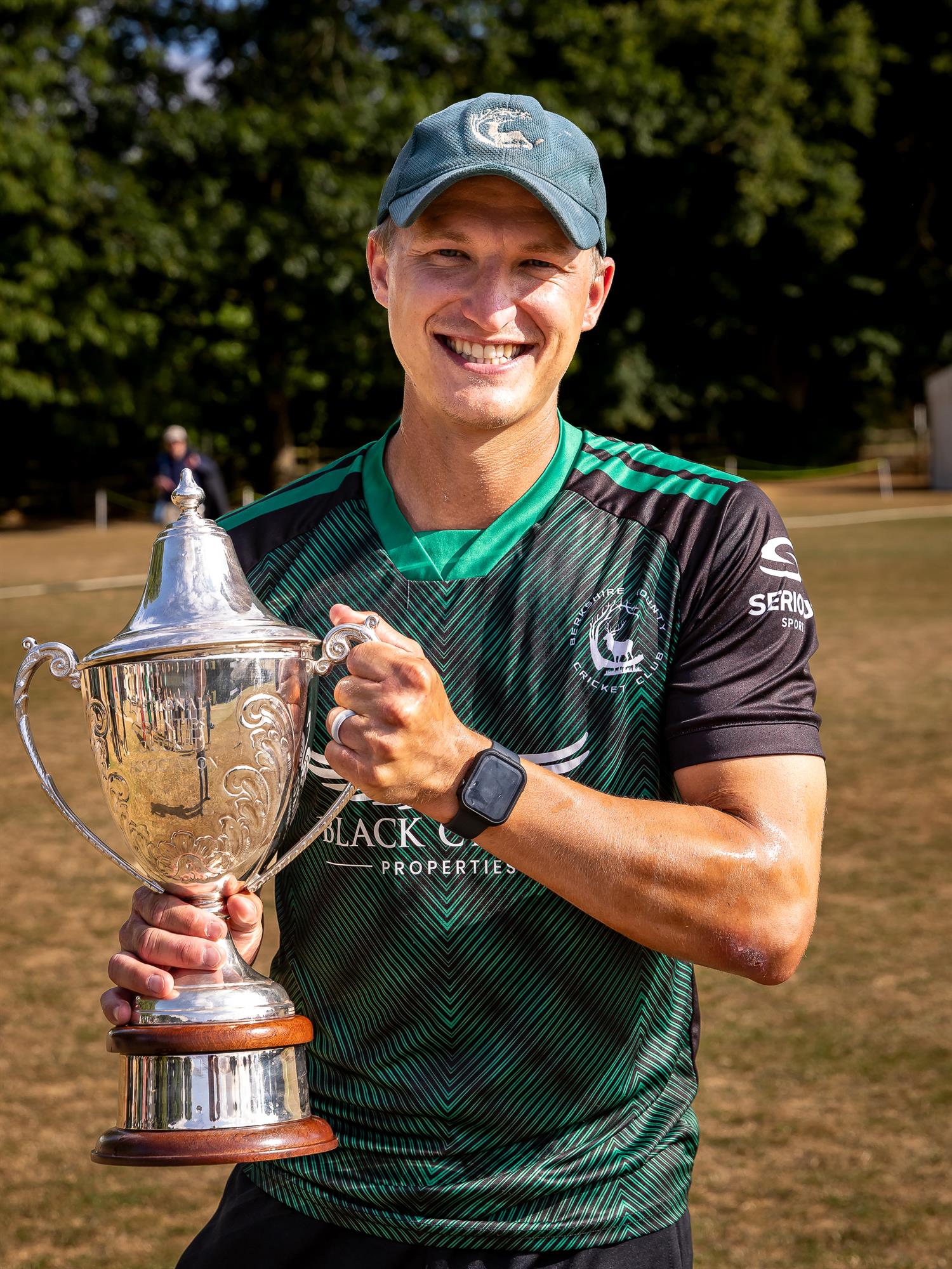 Berkshire's captain Andy Rishton with the NCCA NV Play Trophy after Berkshire beat Cheshire by 112 runs in the final at Copdock and Old Ipswichian Cricket Club on 19th July, 2026.