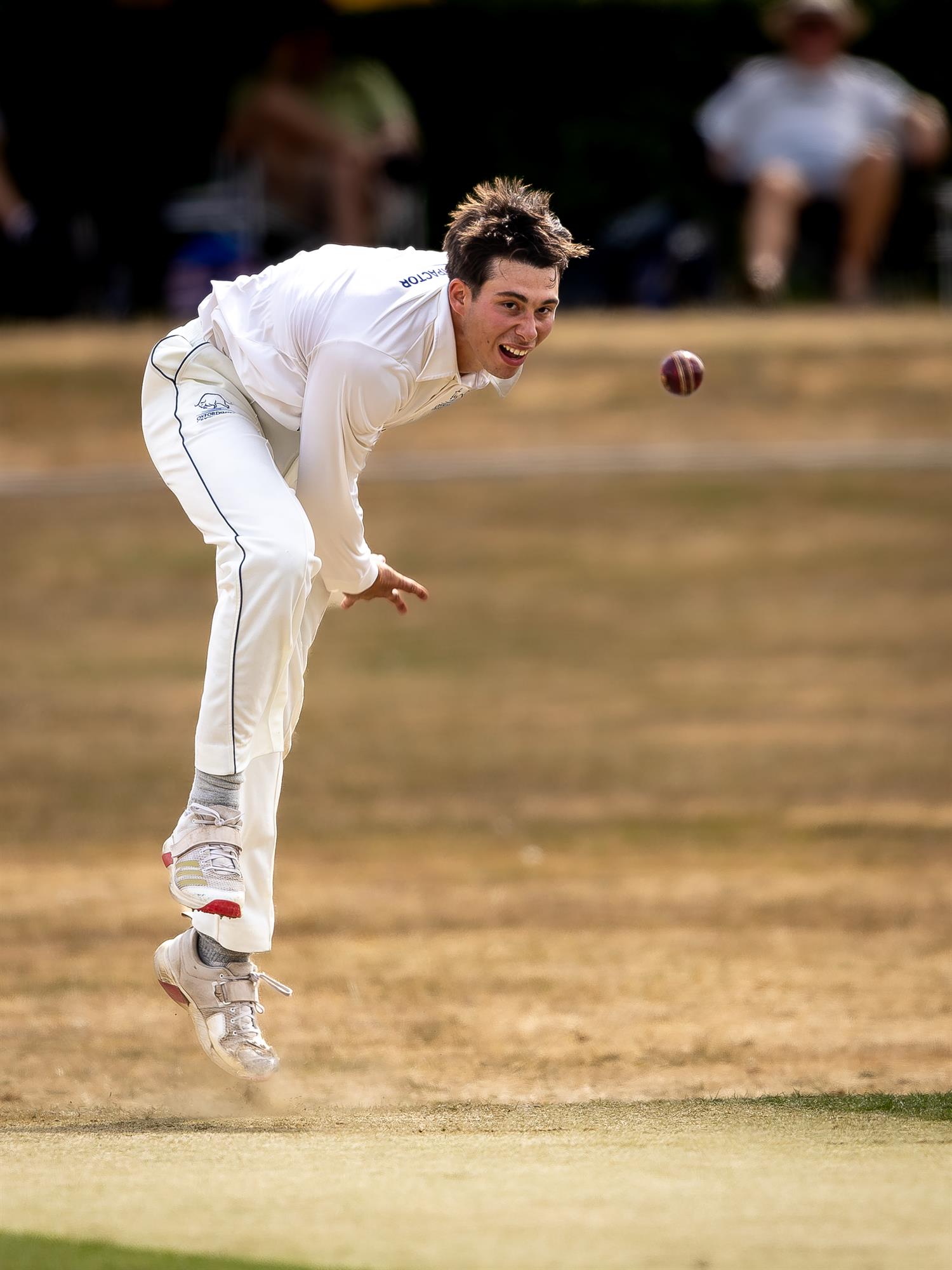 Oliver Armstrong bowling for Oxfordshire on the first day of the NCCA Cluberly Championship match against Herefordshire held at Thame Town Cricket Club from August 16th–18th, 2026.