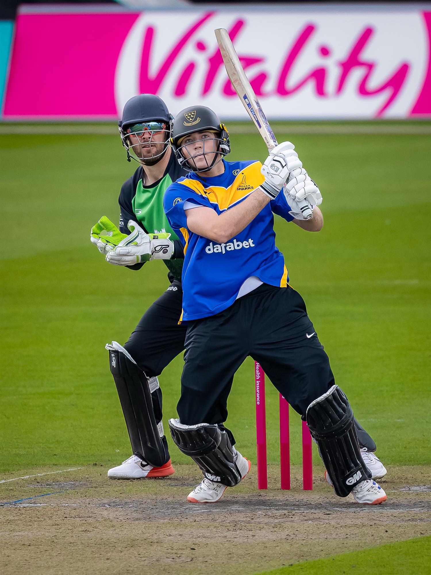 James Coles batting for Sussex and Dan Lincoln keeping wicket for Berkshire in the NCCA Showcase game at The 1st Central County Ground on May 28th, 2025.