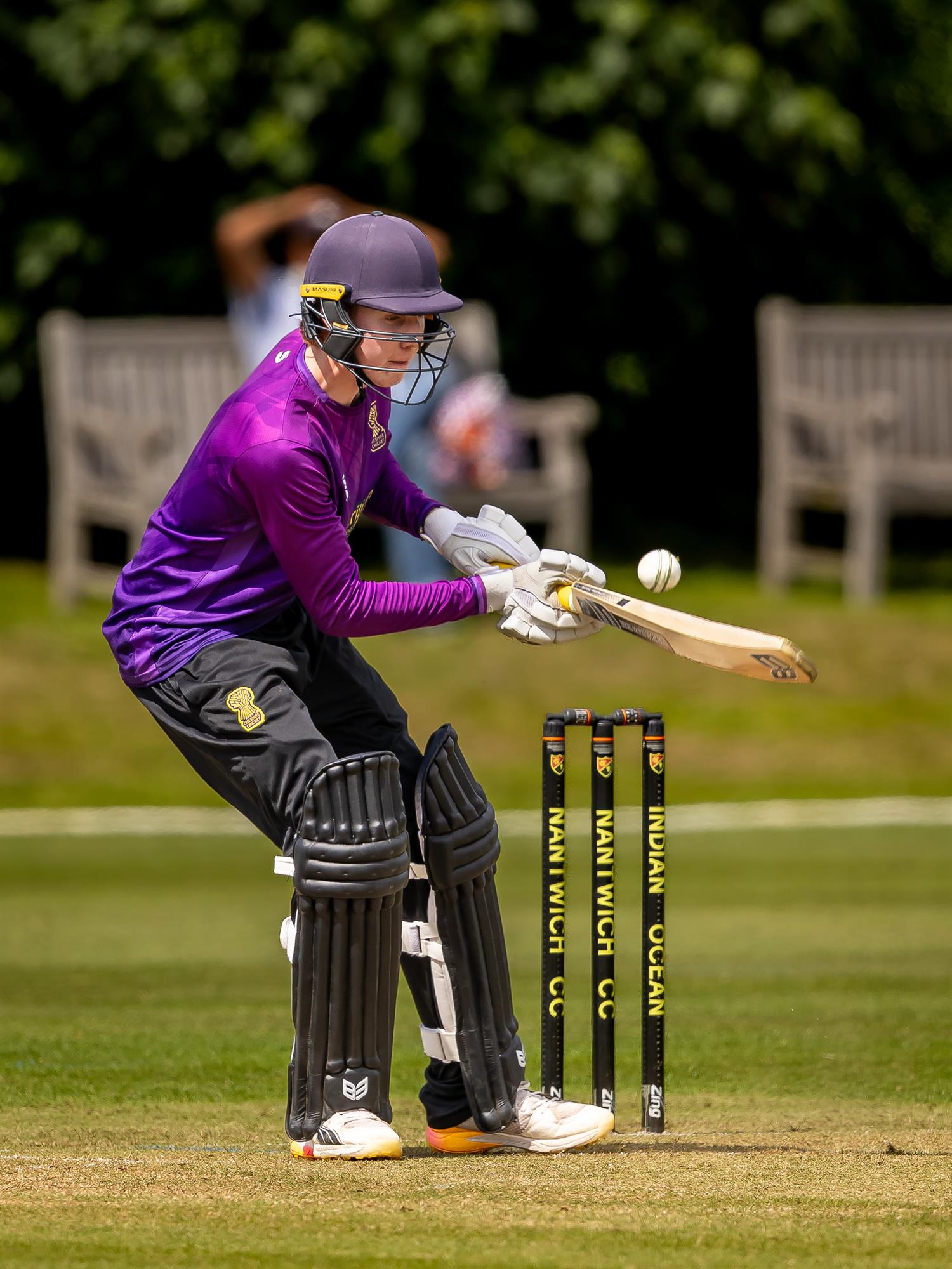 Cheshire's Henry Murray batting in the second of two NCCA Dojo T20 matches against Cumbria at Nantwich Cricket Club on June 21st, 2026.