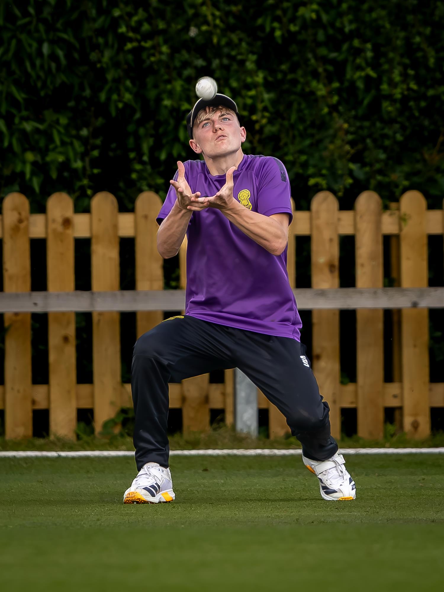 Cheshire's Zach Thompson taking the catch which dismissed Cumbria's Tom Fraine in the second of two NCCA Dojo T20 matches at Nantwich Cricket Club on June 21st, 2026.