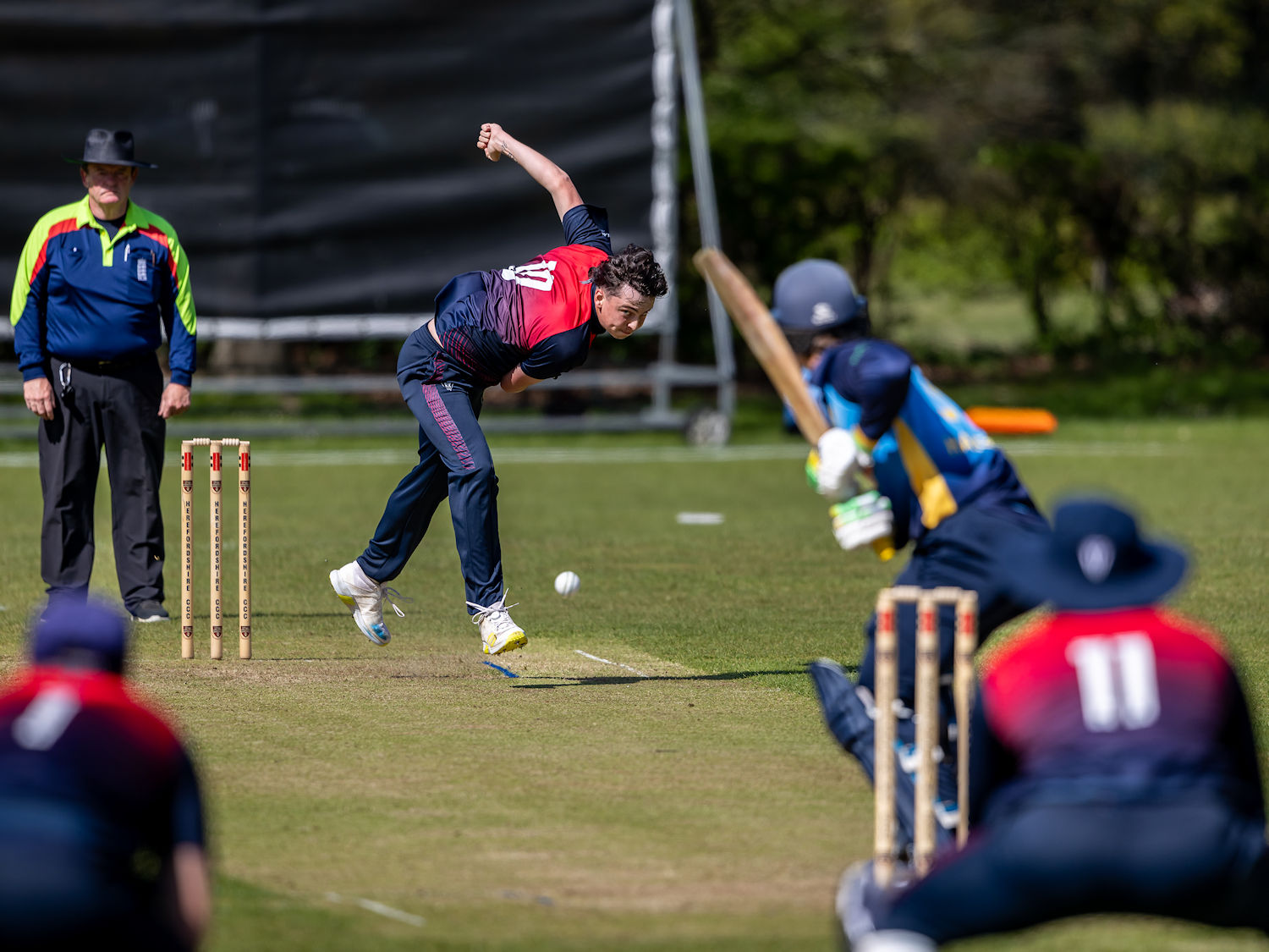 Herefordshire's Sam Keeling-Wright bowling to Shropshire's George Hargrave in the NCCA Trophy match at Eastnor Cricket Club on April 27th, 2025.
