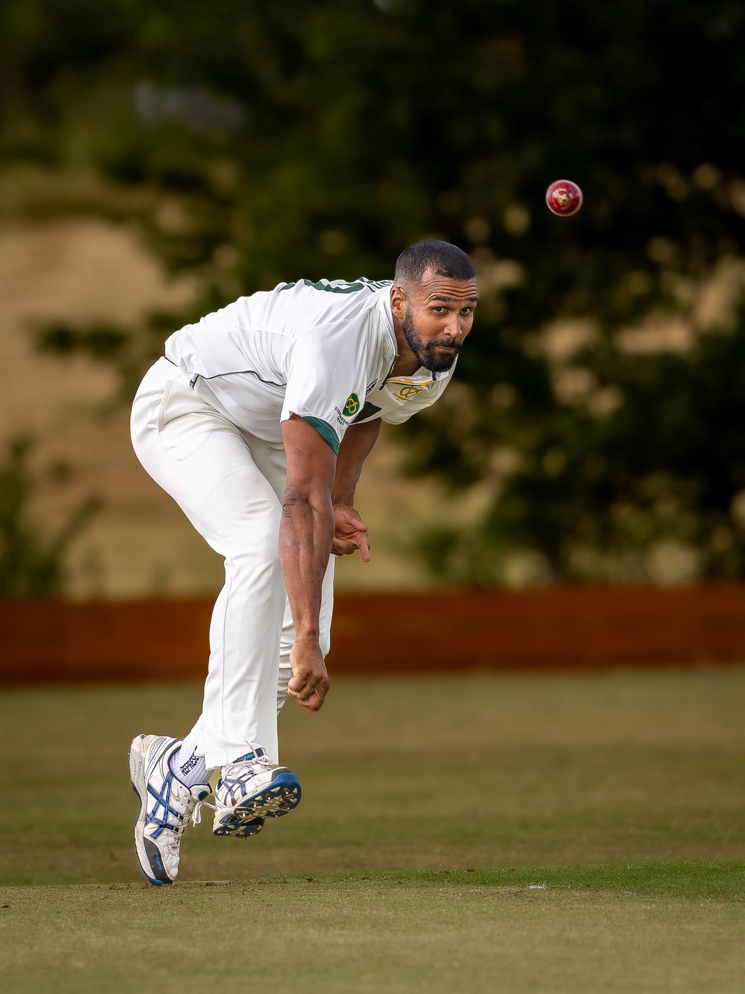 Staffordshire's Liam Hurt bowling on the first day of the NCCA Cluberly Championship match against Cambridgeshire held at Checkley Cricket Club from July 26th–28th, 2026.