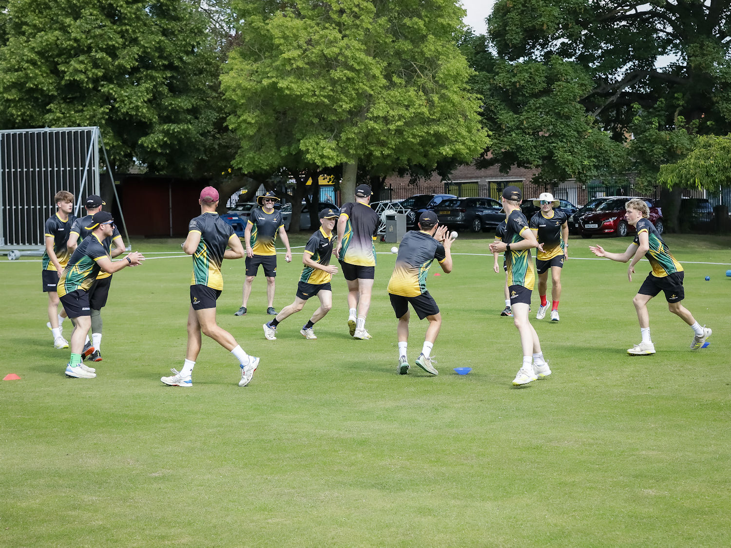 The Lincolnshire squad warming up for the NCCA Trophy match against Cumbria at Bourne Cricket Club on June 23rd, 2024.