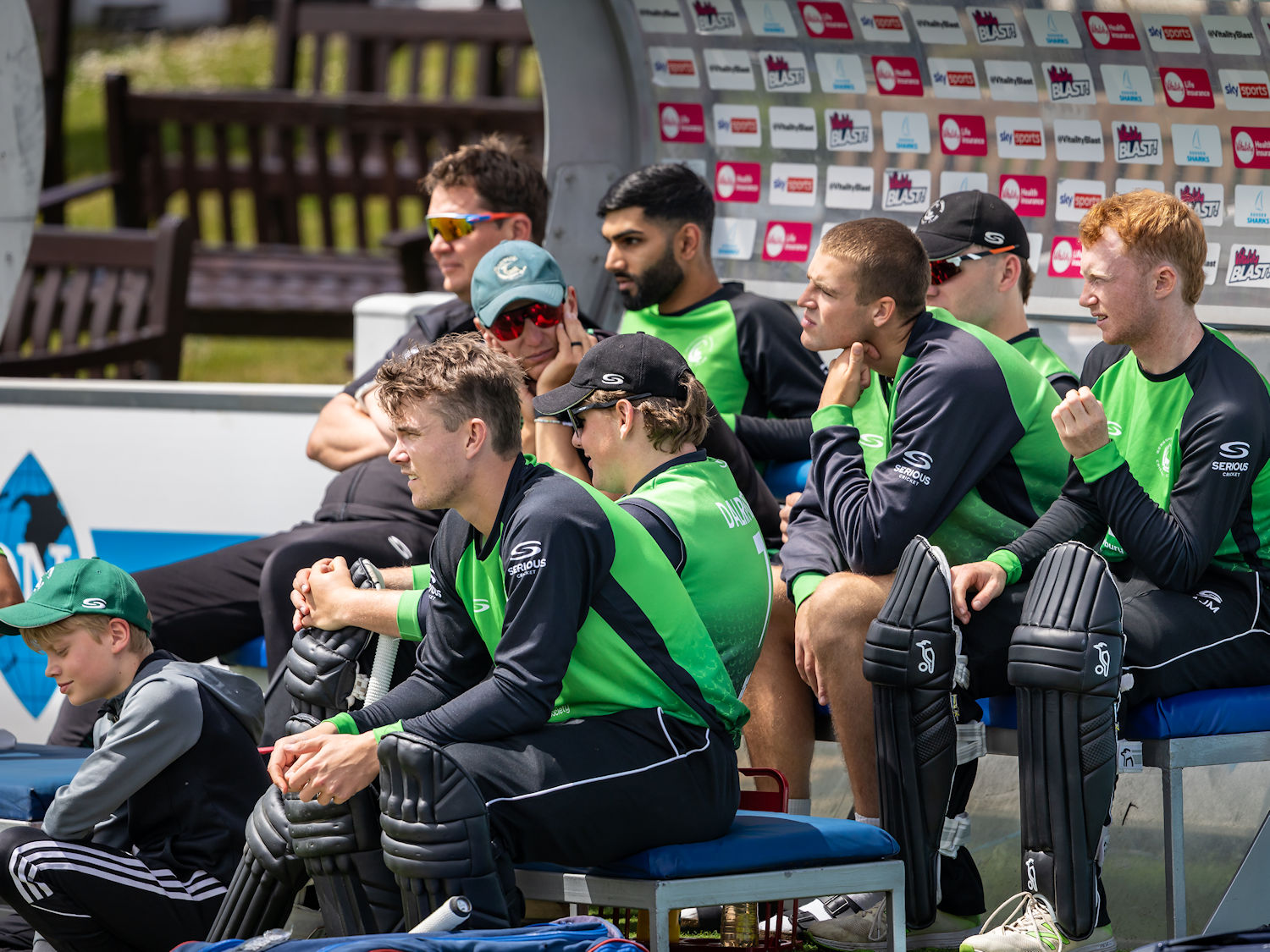 Berkshire players in the dug out during the NCCA Showcase game against Sussex at The 1st Central County Ground on May 28th, 2025.