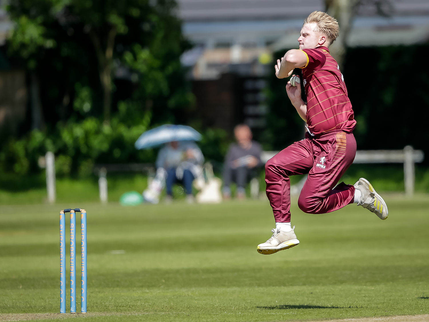 Suffolk's Dan Shanks running in to bowl in the NCCA Trophy match against Shropshire at Shifnal Cricket Club on June 2nd, 2024.