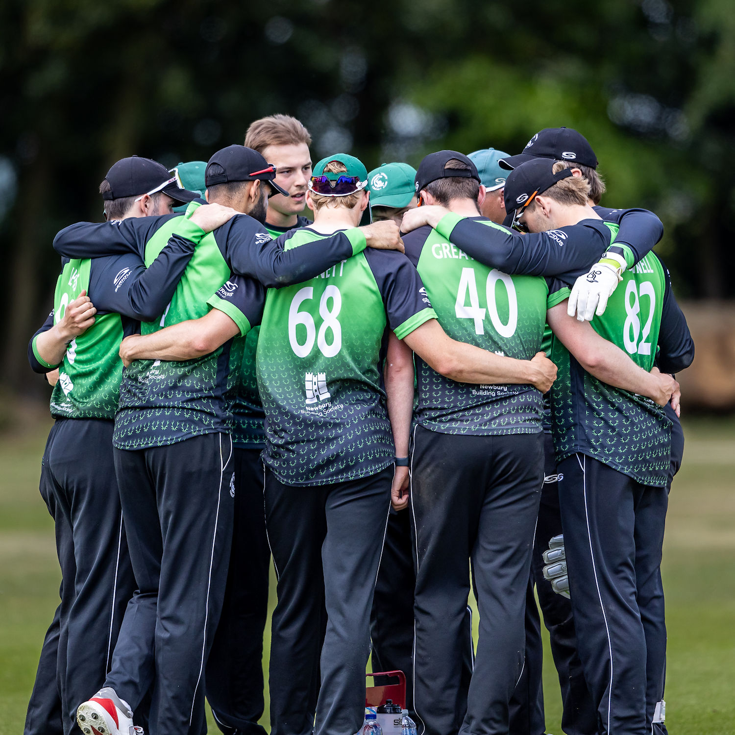 Berkshire team huddle during the NCCA Trophy match against Buckinghamshire at Falkland Cricket Club on May 11th, 2025.