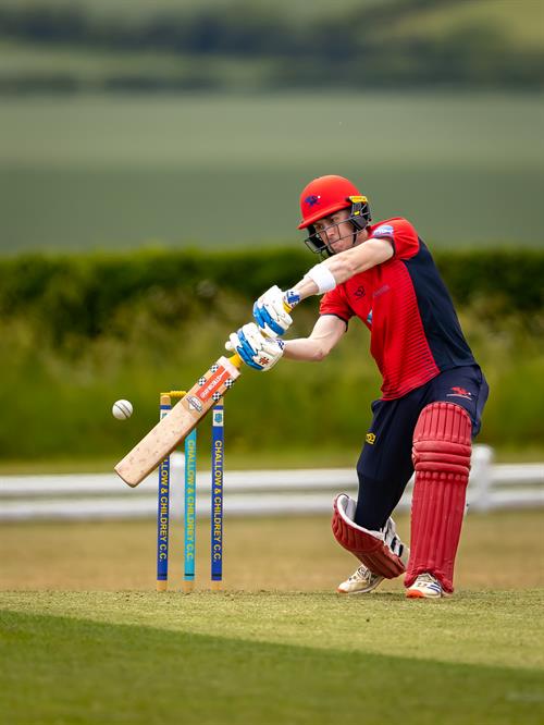 Owain Baxter was Wales NC's top scorer with 83 runs from 52 balls in the first of two NCCA Dojo T20 matches against Oxfordshire at Challow & Childrey Cricket Club on May 31st, 2026.