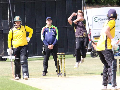 Lincolnshire v Hertfordshire, NCCA T20 Group 2 match, held at Louth CC on 31/05/2026 .
Tom Currie of Lincolnshire winds up to bowl.