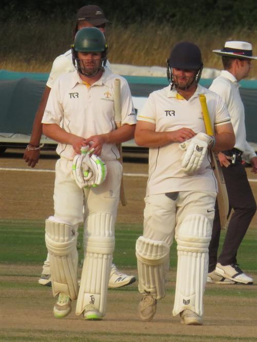 Bedfordshire v Lincolnshire, NCCA Cluberly Eastern Div 2 match, held at Dunstable Town Cricket Club on 02/08/2026 .
Sam Evans (left) 58 not out and Nic Keast (right) 67 not out leave the field at close of play on day one. 