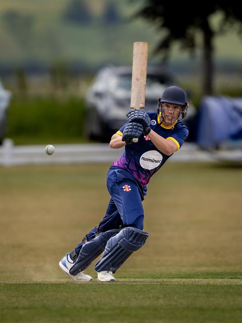 Oxfordshire's Harrison Parker batting in the first of two NCCA Dojo T20 matches against Wales NC at Challow & Childrey Cricket Club on May 31st, 2026.