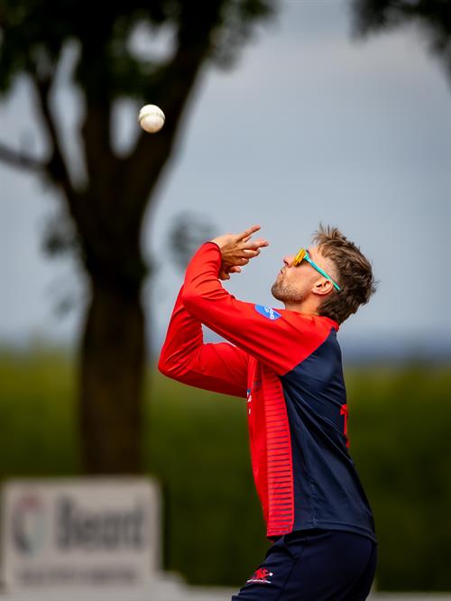Wales NC's Cam Hemp taking the catch which dismissed Oxfordshire's Luke Hayes in the first of two NCCA Dojo T20 matches at Challow & Childrey Cricket Club on May 31st, 2026.