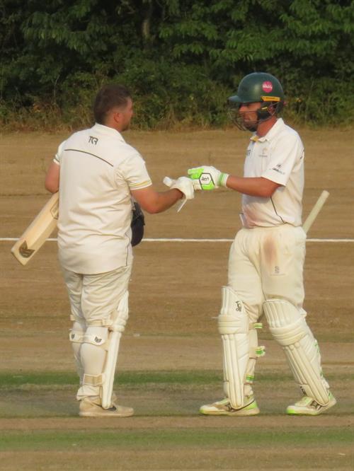 Bedfordshire v Lincolnshire, NCCA Cluberly Eastern Div 2 match, held at Dunstable Town Cricket Club on 02/08/2026 .
Another fifty for Sam Evans (right), congratulated by Nic Keast (left).