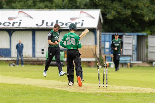 Toby Greatwood celebrates taking the wicket of Archie Dodds. Buckinghamshire v Berkshire, NCCA Trophy match, held at High Wycombe Cricket Club on 07/06/2026 .