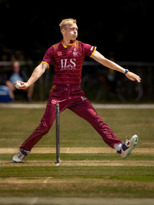 Daniel Shanks bowling for Suffolk in the first of two NCCA Dojo T20 matches against Hertfordshire at Mellis Cricket Club on July 5th, 2026. 