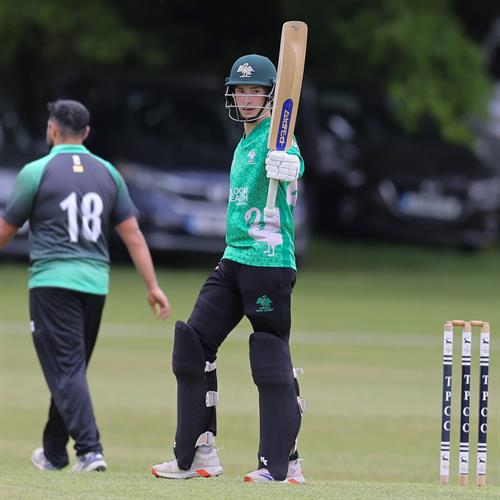 Archie Dodds acknowledges his maiden half century for Buckinghamshire against Dorset in their NCCA Trophy Group 4 match, held at Tring Park CC on 10/05/2026 .