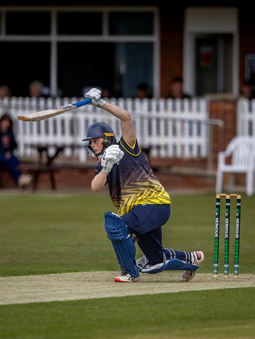 Freddie Fairey reached his half century from 78 balls for Norfolk in the NCCA NV Play Trophy match against Lincolnshire at Woodhall Spa Cricket Club on May 10th, 2026.