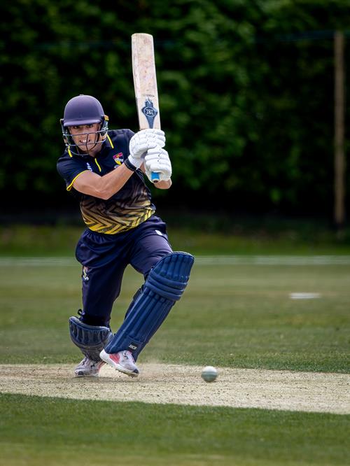Charlie Hood reached his half century from 40 balls for Norfolk in the NCCA NV Play Trophy match against Lincolnshire at Woodhall Spa Cricket Club on May 10th, 2026. 
