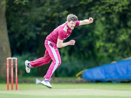 Cambridgeshire's Wayne White bowling in the first of two NCCA T20 matches against Lincolnshire at Bracebridge Heath Cricket Club on May 5th, 2024.
