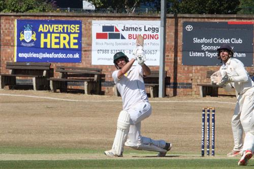 Lincolnshire v Norfolk, NCCA Cluberly Eastern Div 2 match, held at SLEAFORD C C  on 12/07/2026 .
Mark Footitt gets off the mark with a six.
