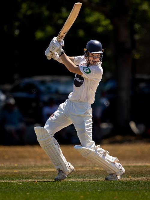 Evan Cowley batting for Oxfordshire on the first day of the NCCA Cluberly Championship match against Berkshire held at Falkland Cricket Club from July 12th–14th, 2026. 
