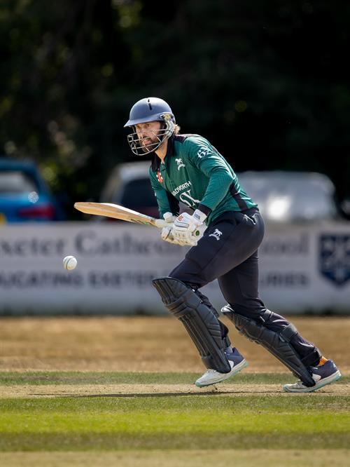 Wiltshire's Ed Young batting in the NCCA Dojo T20 Super 12s Eliminator against Buckinghamshire at Exeter Cricket Club on August 9th, 2026. 