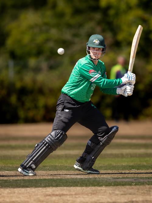 Josh Lincoln batting for Buckinghamshire in the NCCA Dojo T20 Super 12s Eliminator against Wiltshire at Exeter Cricket Club on August 9th, 2026. 