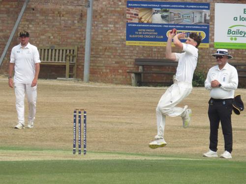 Lincolnshire v Norfolk, NCCA Cluberly Eastern Div 2 match, held at SLEAFORD C C  on 12/07/2026 .
Tom Shephard bowling for Lincolnshire C.C.C. 5 wickets in the match.