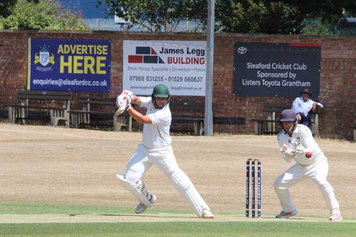 Lincolnshire v Norfolk, NCCA Cluberly Eastern Div 2 match, held at SLEAFORD C C  on 12/07/2026 .
James Laud (batting) plays off the back foot.
