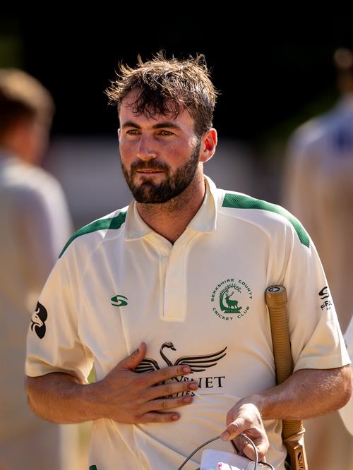 Berkshire's Toby Greatwood leaving the field after hitting the winning runs on the third day of the NCCA Cluberly Championship match against Oxfordshire held at Falkland Cricket Club from July 12th–14th, 2026.