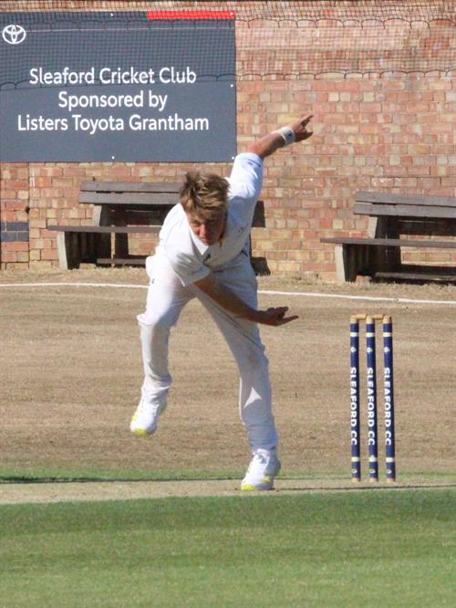 Lincolnshire v Norfolk, NCCA Cluberly Eastern Div 2 match, held at SLEAFORD C C  on 12/07/2026 .
Matty Mills bowling for Lincolnshire C.C.C.