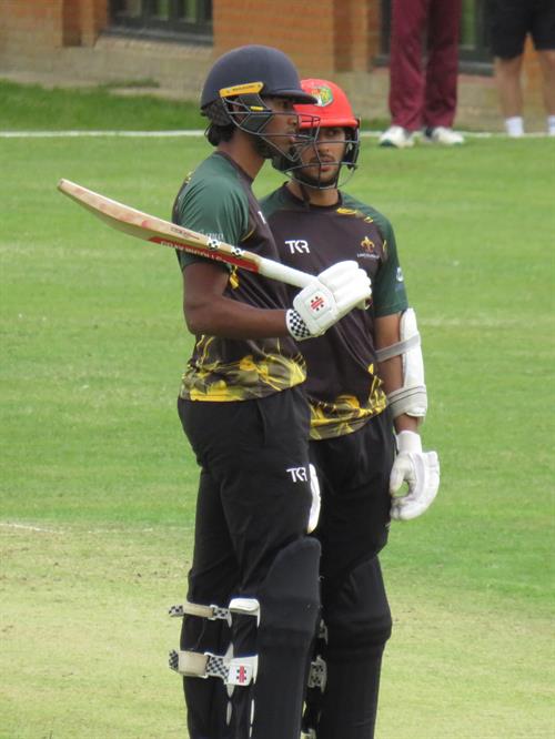 Suffolk v Lincolnshire, NCCA T20 Group 2 match, held at Friars Road, Hadleigh on 14/06/2026 .
Pranav Pothula (left) , top scoring with 56 for Lincolnshire and Amartya Kaul (right), 22runs discuss tactics.